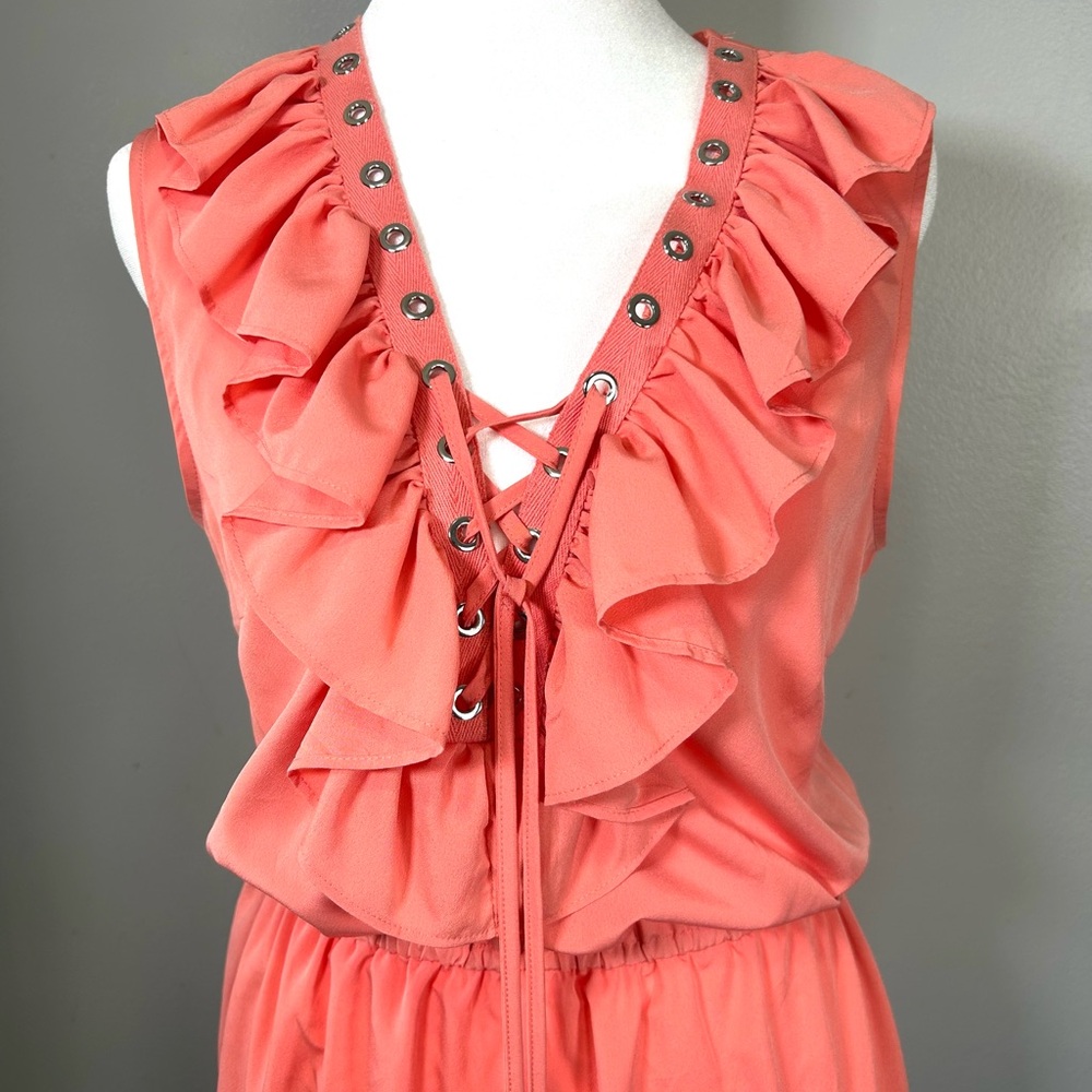 Venus Ruffle Lace Up Dress Eyelet Coral Pink Sleeveless Light Summer Cover Up